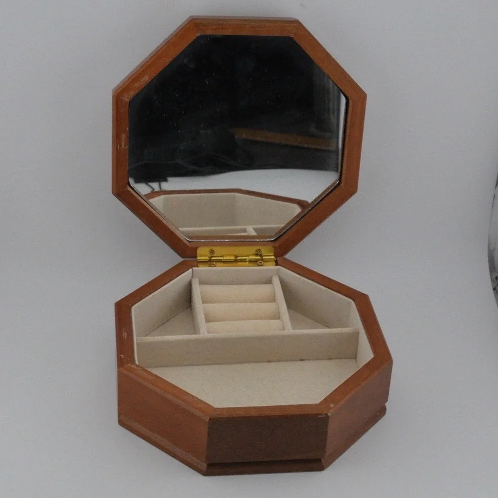 Vintage‎ Jewelry Box Brown Floral Tapestry Octagon Wood Mirror